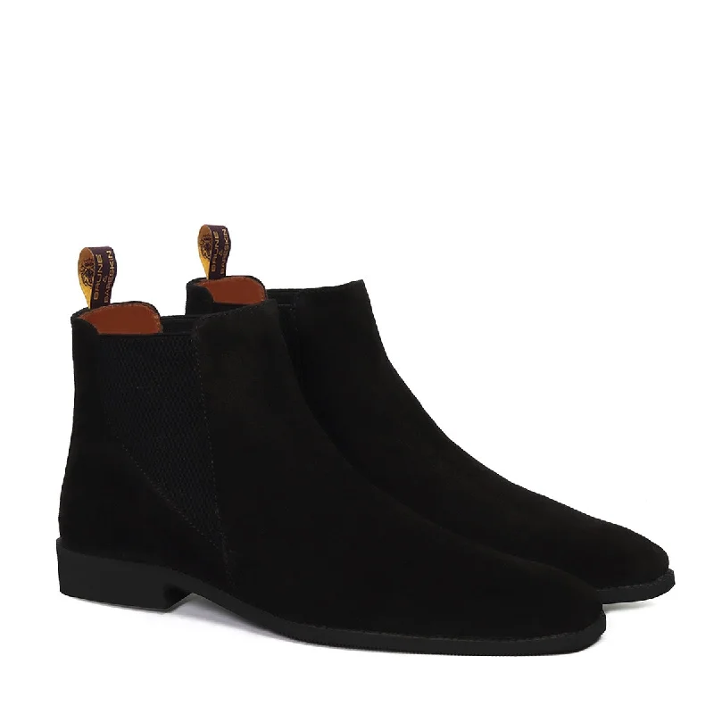 Unisex leather shoes soft gray-Black Suede Leather Chelsea Boot with a Stylish Sharp Elastic Design