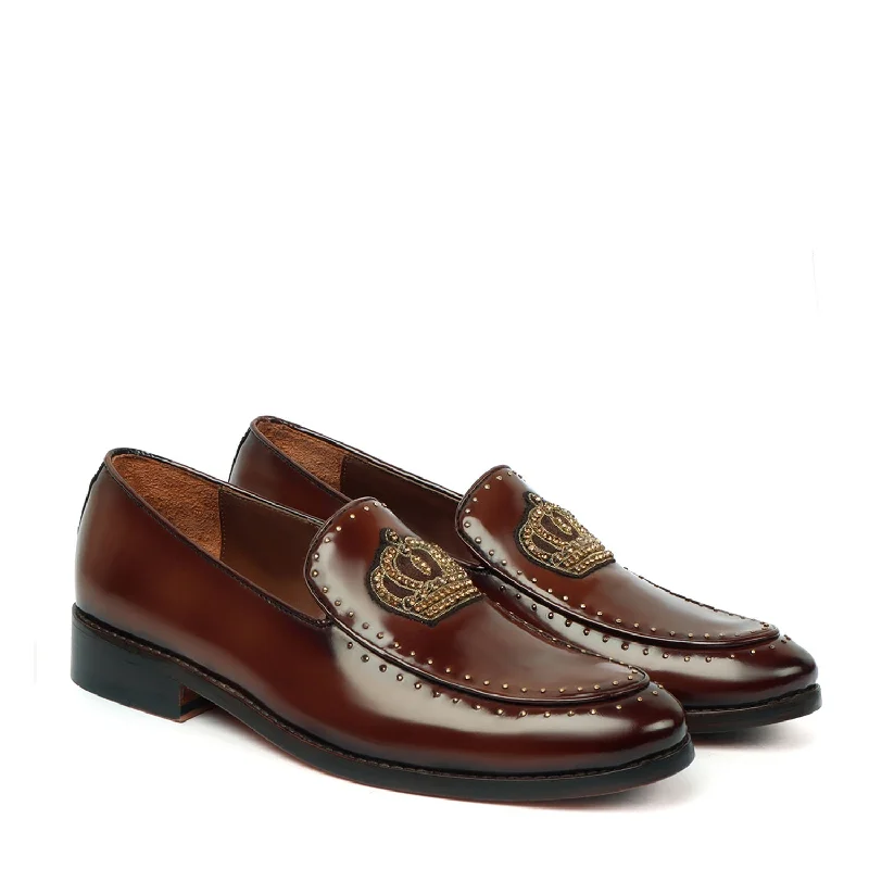 Unisex leather shoes formal brown-Brown Patent Leather Loafers with Studded Crown Zardosi