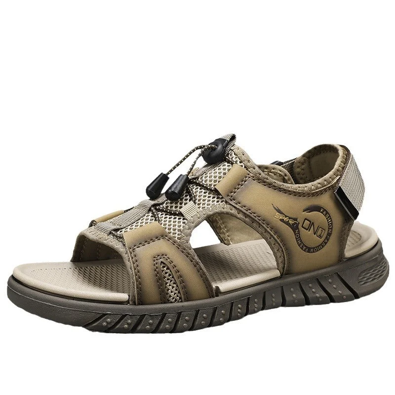 Men's water shoes drainage navy-Men's Casual Leather Sandal with Open Toe Adjustable Strap