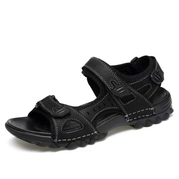 Men's water shoes lightweight navy-Men's Open Toe Casual Outdoor Leather Beach Sandals