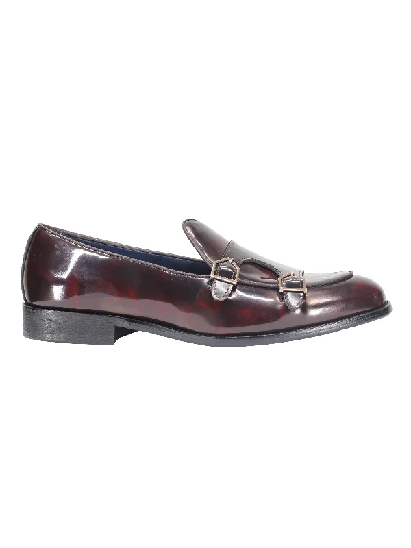 Unisex leather shoes sleek navy-Mens Double Monk Loafers in Maroon Wine Patent Real Leather Slip on Shoes