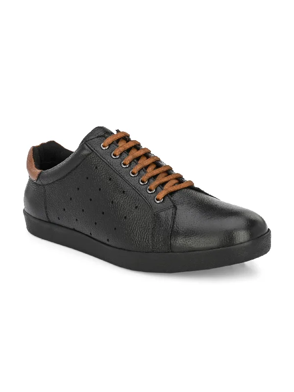 Unisex leather shoes versatile black-Men's Genuine Milled Leather Lace up Casual Sneaker Shoe