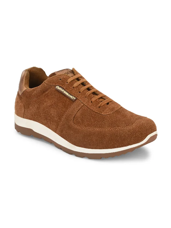 Unisex leather shoes stylish brown-Men's Genuine Sude Leather Lace up Casual Sneaker Shoe