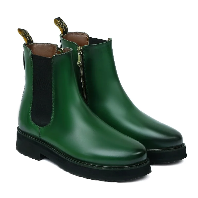 Unisex leather shoes office brown-Brush-off High Ankle Chelsea Boots in Green Leather With Light Weight Sole By Brune & Bareskin