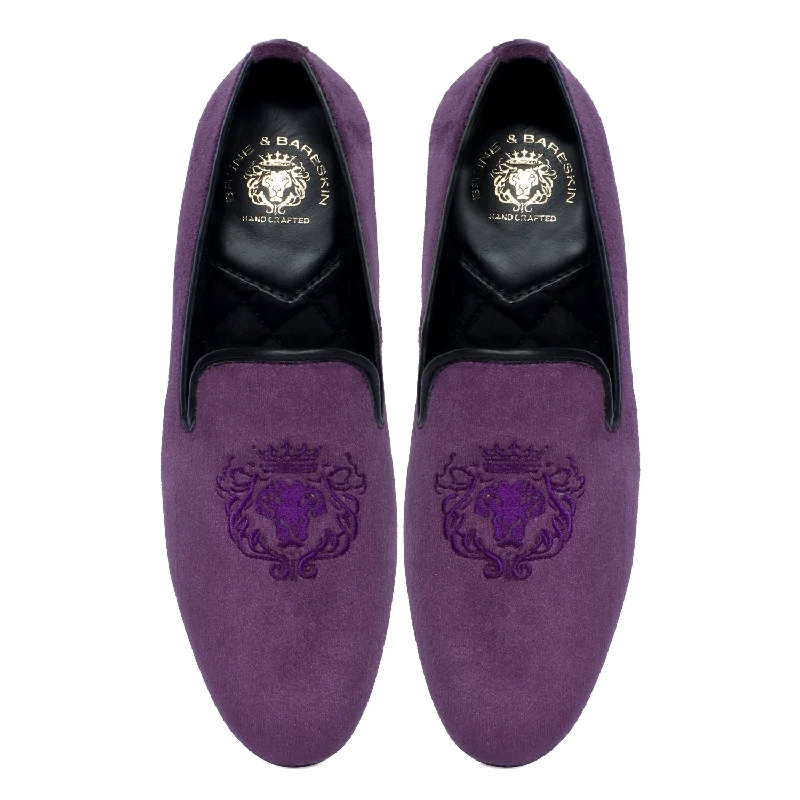 Unisex leather shoes sleek white-Men's Lion King Embroidery Purple Italian Velvet Slip-On Shoes By Brune & Bareskin