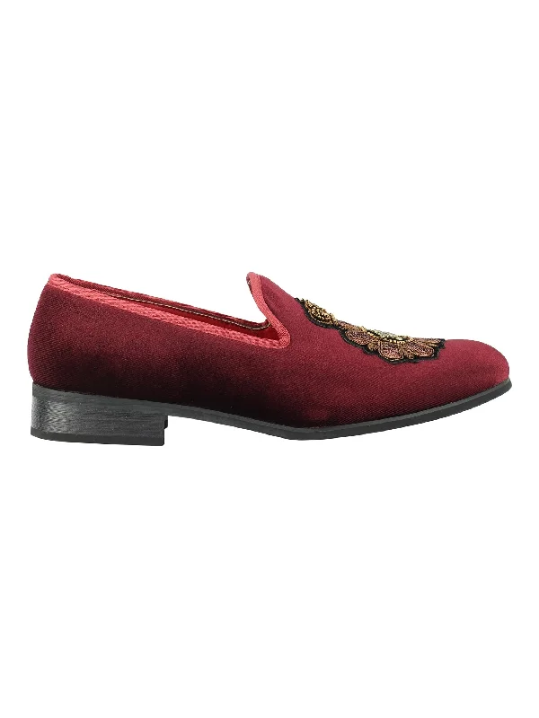 Unisex leather shoes durable white-FAUX LEATHER EMBROIDERED VELVET LOAFERS IN MAROON