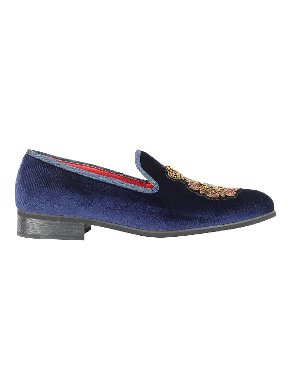 Unisex leather shoes polished brown-FAUX LEATHER EMBROIDERED VELVET LOAFERS IN NAVY