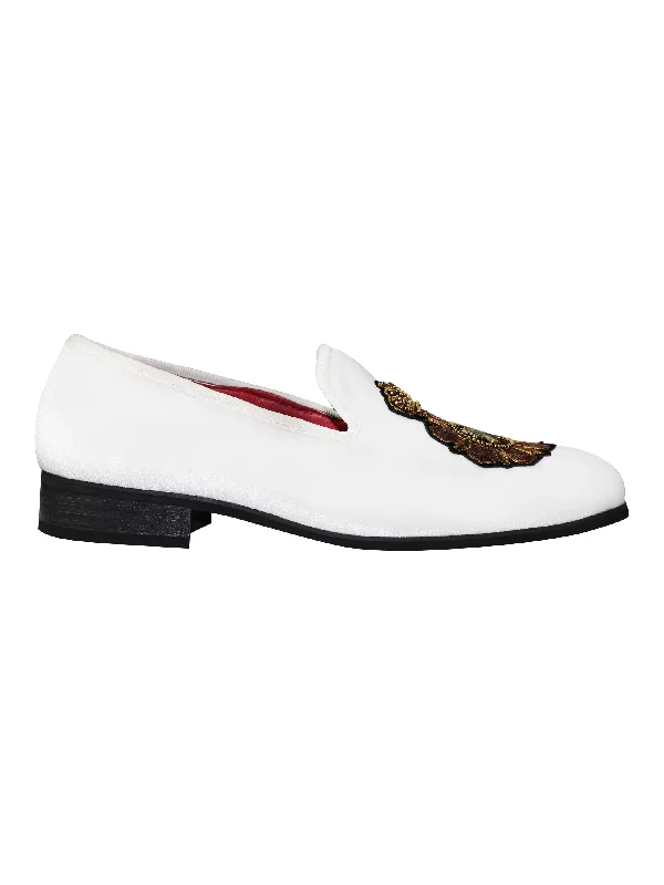 Unisex leather shoes versatile brown-FAUX LEATHER EMBROIDERED VELVET LOAFERS IN WHITE