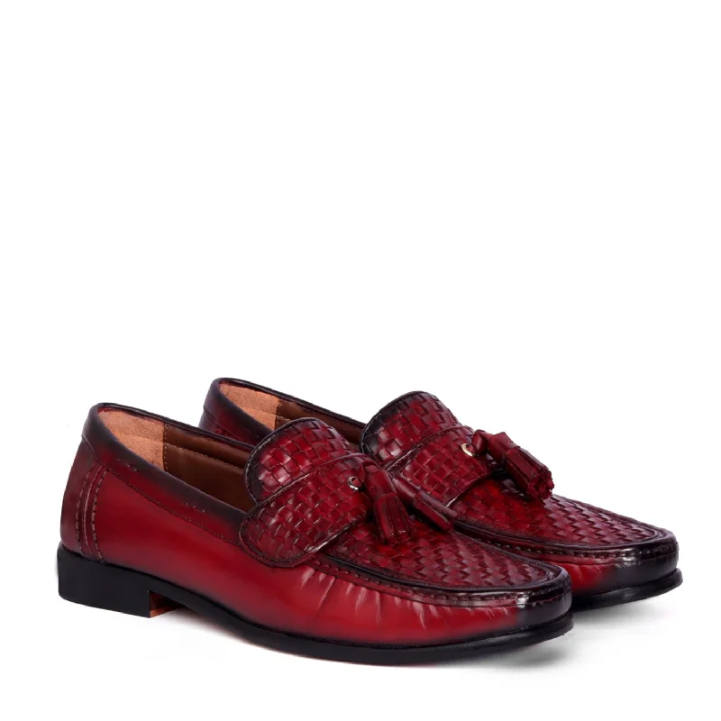 Unisex leather shoes office brown-Wine Leather Loafers with Weaved Vamp & Tassel With Leather Sole