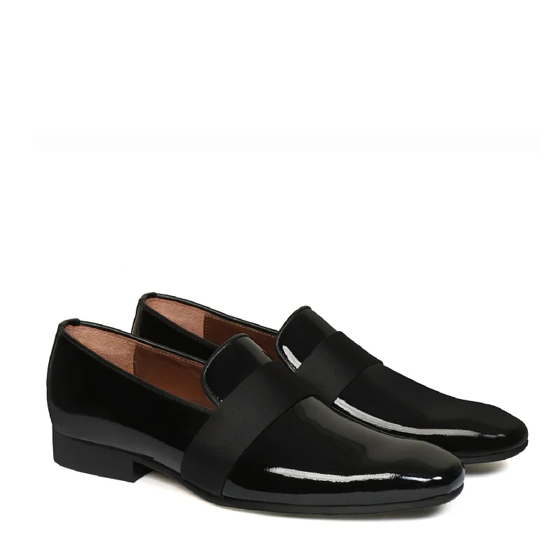 Unisex leather shoes durable gray-Black Patent Leather Slip-On Shoes with Mid-Strap Loafer Design