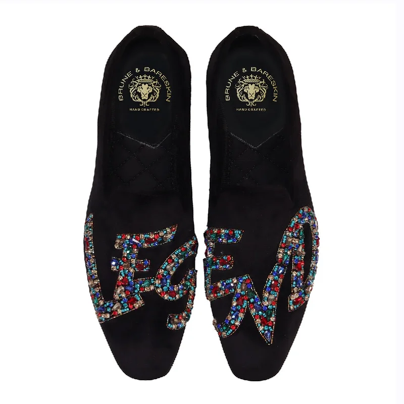 Unisex leather shoes lightweight brown-Men's Slip-On Shoes with Crystal Stones Multi-Color Mixed LEGEND Embellished in Black Velvet