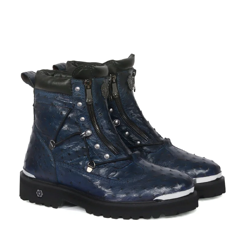 Unisex leather shoes versatile black-Navy Blue Chunky Boot New Shape Real Ostrich Leather with Metal Plate