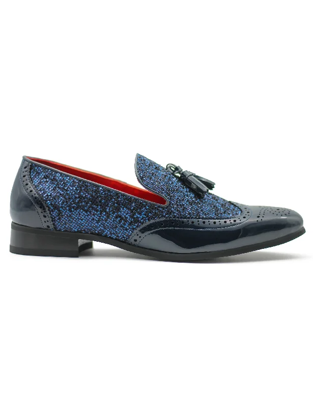 Unisex leather shoes lightweight navy-NAVY FAUX PATENT LEATHER SHINY GLITTER PARTY TASSEL LOAFER