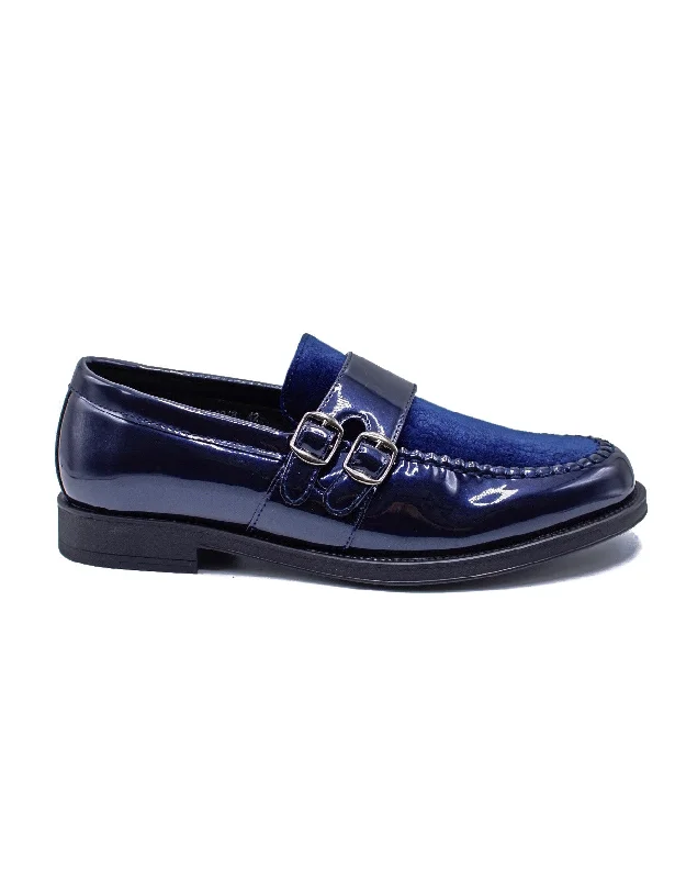 Unisex leather shoes stylish navy-NAVY PATENT SHINY DOUBLE MONK SHOES