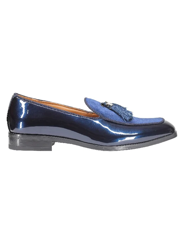 Unisex leather shoes soft cushion-NAVY SHINY FAUX LEATHER TASSEL LOAFERS