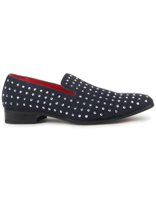 Unisex leather shoes formal white-NAVY SUEDE LEATHER LINED GLITTER STUD LOAFERS