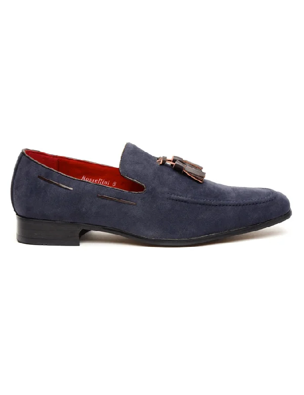 Unisex leather shoes soft gray-NAVY SUEDE TASSEL LOAFERS