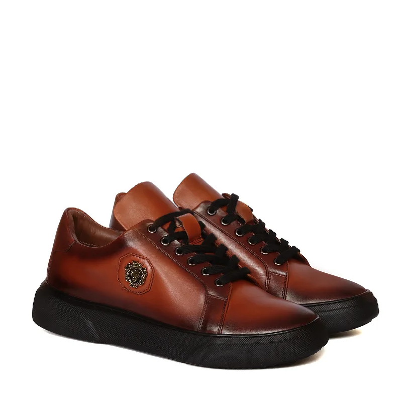 Unisex leather shoes formal brown-Orangish Tan Leather Lace-up Sneakers with Metal Lion logo on Quarter