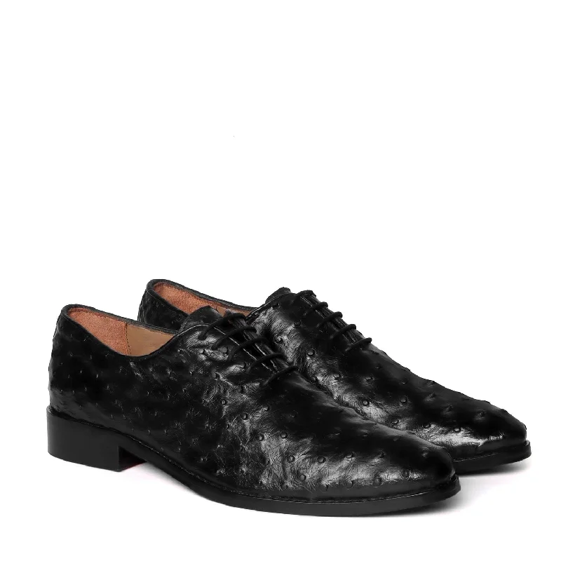 Unisex leather shoes stylish black-Oxford Leather Lace-Up Shoes in Black Real Ostrich Whole Cut/One-Piece