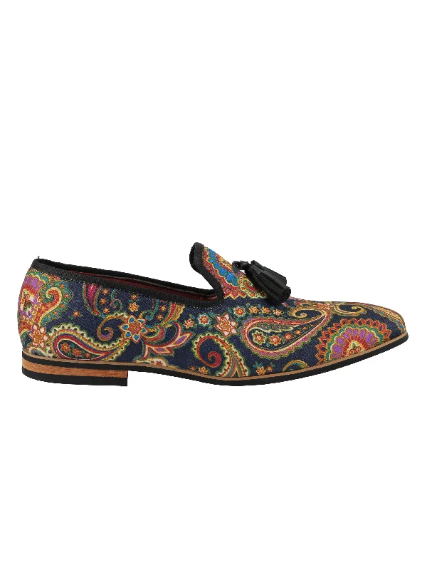 Unisex leather shoes soft white-FAUX LEATHER PAISLEY PRINT TASSEL LOAFER IN BLUE