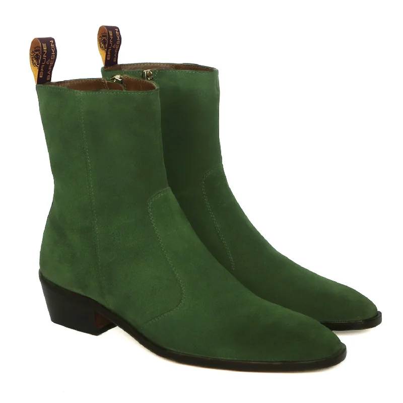 Unisex leather shoes polished white-Perfect Cuban Heel Formal Boots High Ankle Green Suede Leather Zip Closure