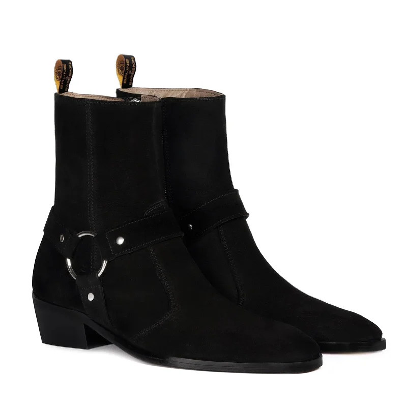 Unisex leather shoes soft brown-Black Suede Leather Boots Stylish Buckle Strap with Perfect Cuban Heel Side Zipper