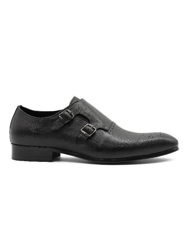 Unisex leather shoes soft tan-BLACK GRAIN DOUBLE MONK SHOES