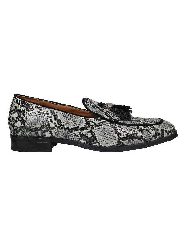 Unisex leather shoes office tan-PRINTED EFFECT TASSEL LOAFERS IN BLACK WHITE