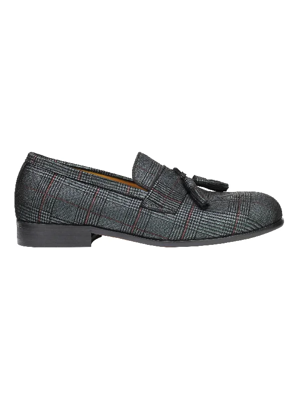 Unisex leather shoes lightweight black-Real Blue Tweed Check Leather Loafers Black