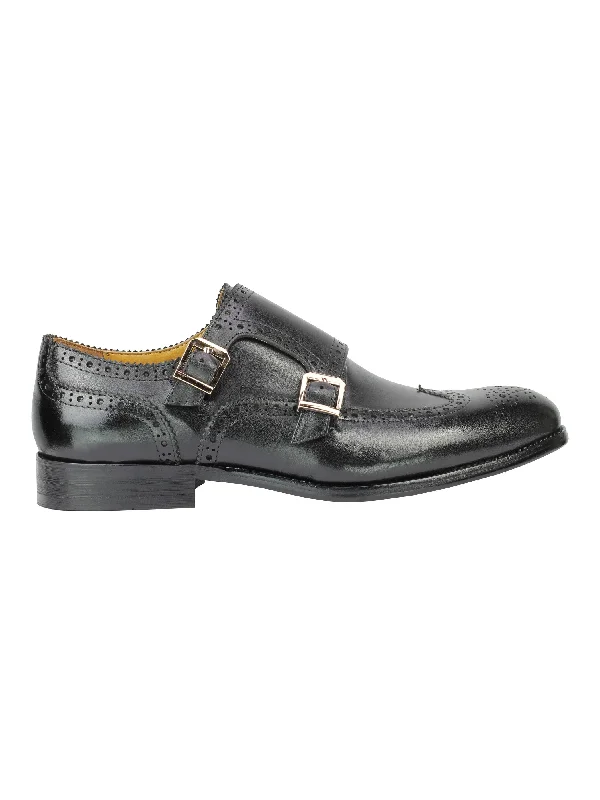 Unisex leather shoes premium brown-Real Leather Black Brogue Monk Shoes