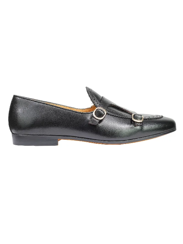 Unisex leather shoes versatile brown-Real Leather Double Monk Shoes Black