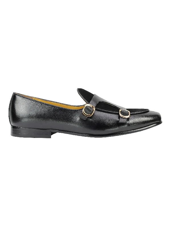 Unisex leather shoes breathable black-Real Leather Double Monk Strap Black Loafers