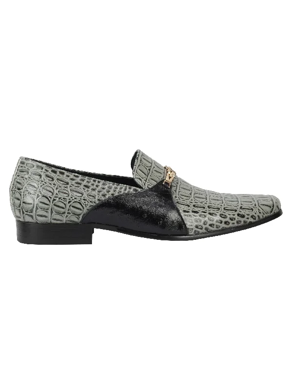 Unisex leather shoes sleek brown-Real Leather Grey Croc Effect Gold Buckle Shoes