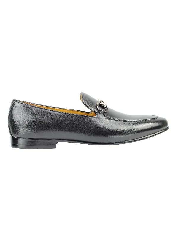 Unisex leather shoes stylish black-Real Leather Horse bit Snaffel Black Loafers