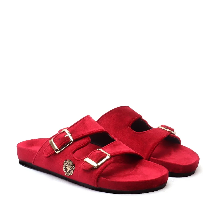 Unisex leather shoes premium brown-Red Italian Velvet Slippers with Adjustable Buckle Strap