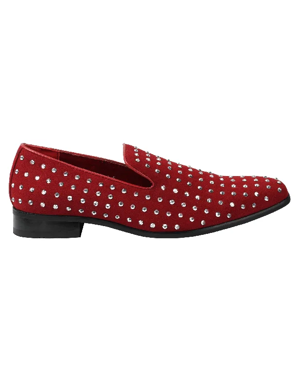 Unisex leather shoes soft brown-RED SUEDE LEATHER LINED GLITTER STUD LOAFERS