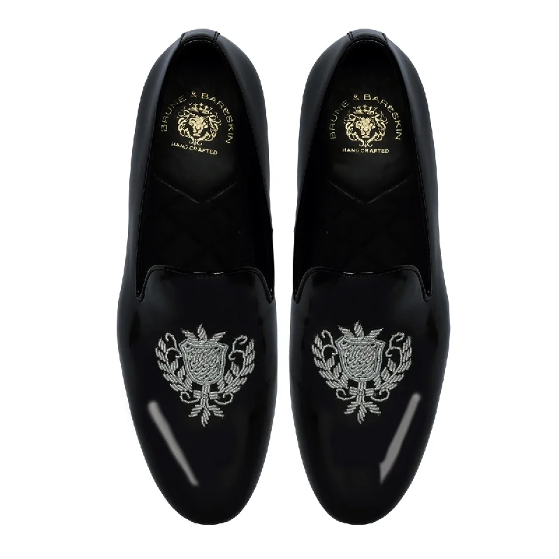 Unisex leather shoes office white-Black Patent Leather Slip-On Shoes Royal Crest Silver Zardosi For Men By Brune & Bareskin