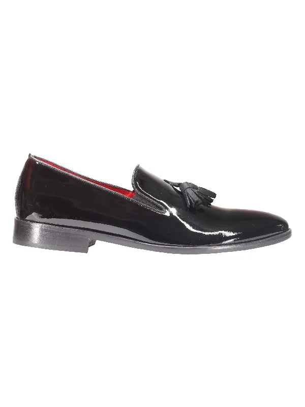 Unisex leather shoes breathable brown-SHINY LEATHER TASSEL LOAFER IN BLACK