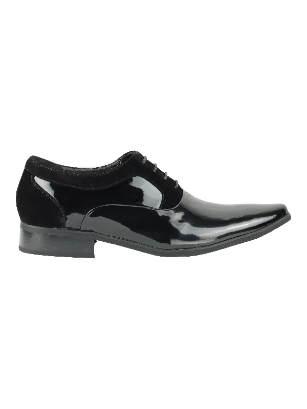 Unisex leather shoes polished white-SHINY FAUX LEATHER FORMAL LACE UP SHOES IN BLACK