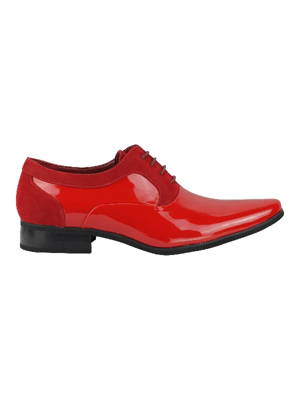 Unisex leather shoes office gray-SHINY FAUX LEATHER FORMAL LACE UP SHOES IN RED