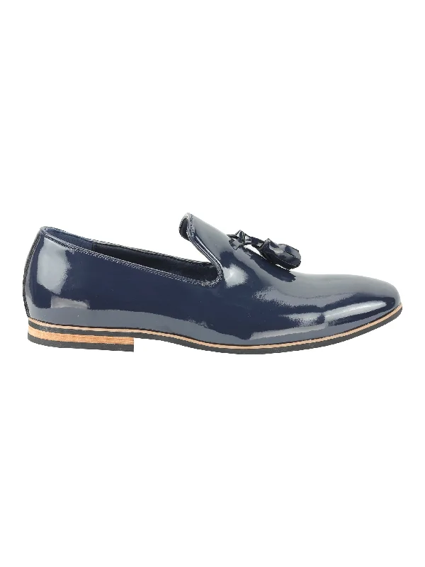 Unisex leather shoes premium tan-FAUX LEATHER SHINY SLIP ON NAVY SHOES