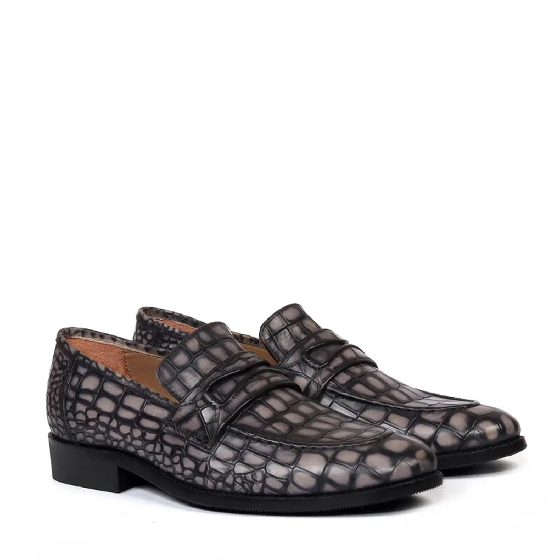 Unisex leather shoes office navy-Smokey Finish Mod Look Loafers in Grey Croco Textured Leather with Leather Sole