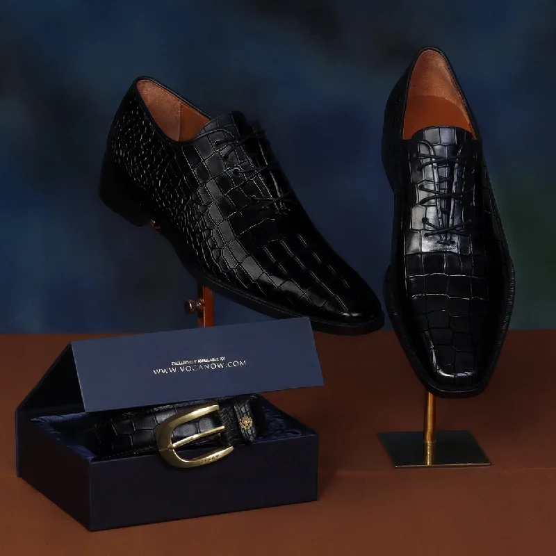 Unisex leather shoes formal black-Specially Crafted Combo For T-20 World Cup Team India's Formal Attire Croco Textured Black Genuine Leather Oxford Lace-up Shoe With New Buckle Belt