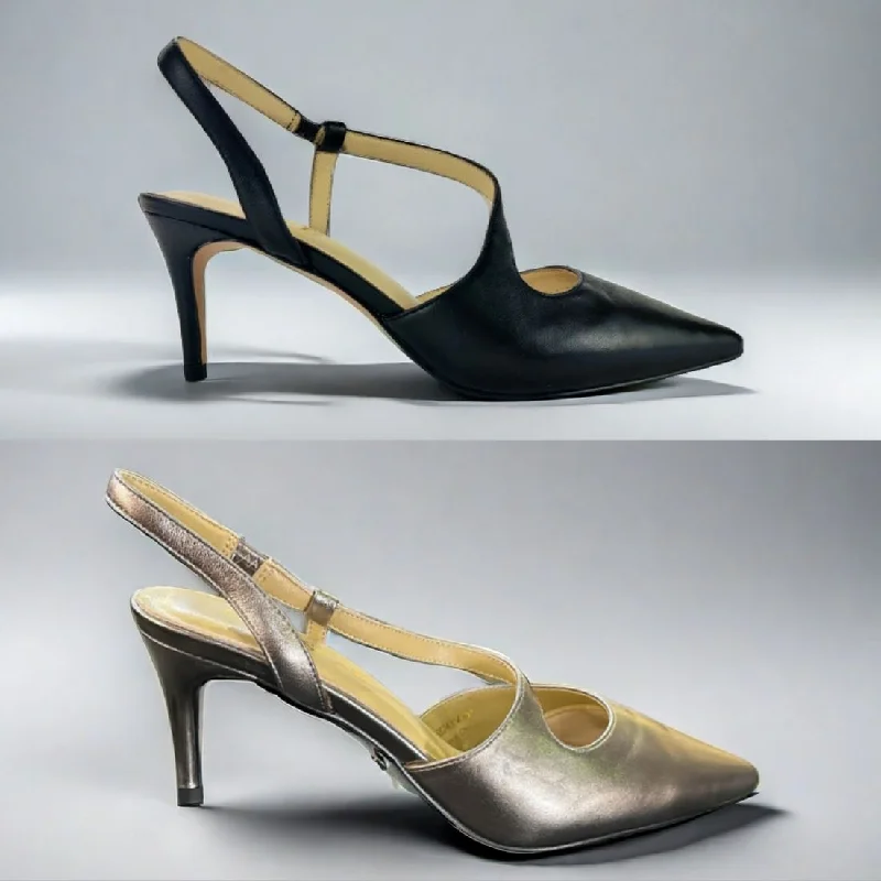 Unisex leather shoes versatile tan-SS24004 Leather court shoes in sling back heel in Black and silver