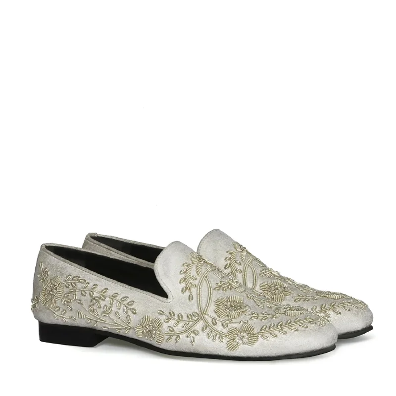 Unisex leather shoes breathable white-White Slip-On Shoes For Men with Stem Floral Ethnic Silver Hand Zardosi