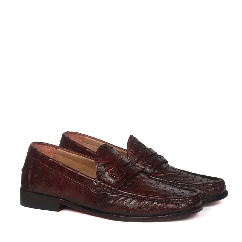 Unisex leather shoes versatile white-Stitched Pattern Dark Brown Loafer in Real Ostrich Leather