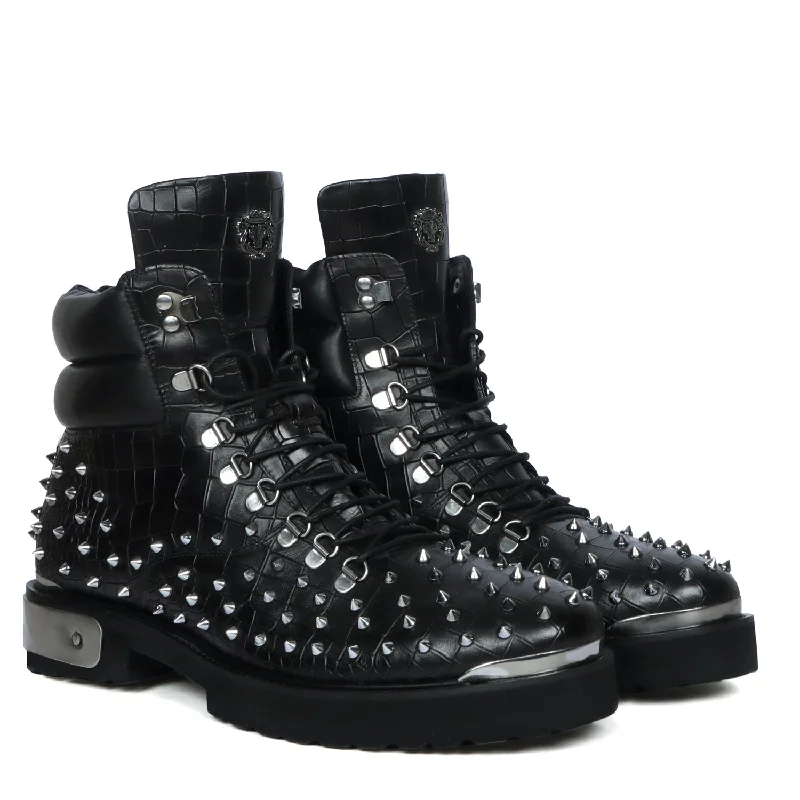 Unisex leather shoes durable black-Studded Black Chunky Boots With Silver Metal Plate Deep Cut Zipper Closure