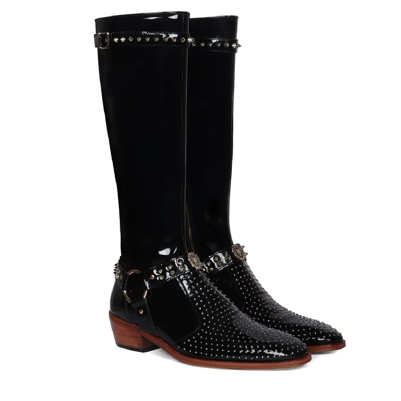 Unisex leather shoes premium suede-Studded Detailing Knee Hight Cuban Heel Boot in Black Patent Leather with Stylish Buckle Zipper Closure By Brune & Bareskin