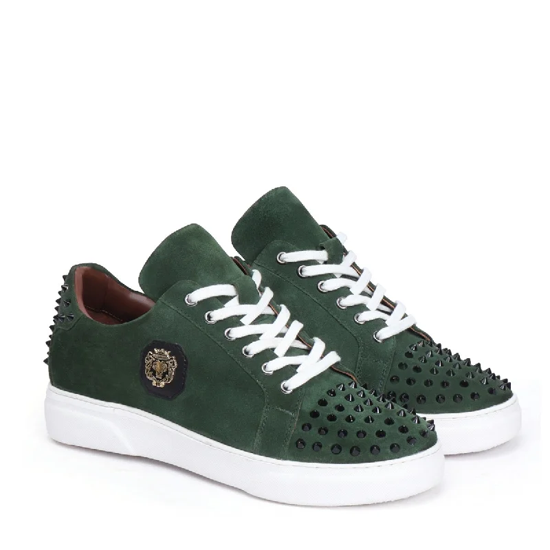 Unisex leather shoes stylish gray-Studded Green Suede Leather Lace-Up Sneakers with Metal Lion logo on Quarter by Brune & Bareskin