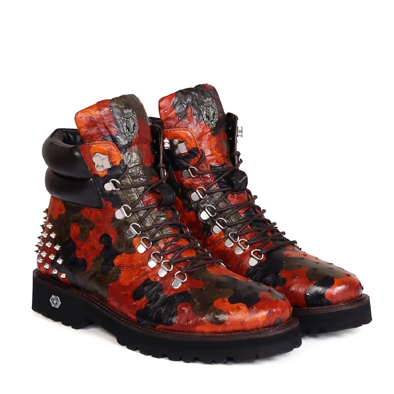 Unisex leather shoes formal black-Hand Colored Light Weight Biker Boot Studded Premium Authentic Ostrich Camo Leather